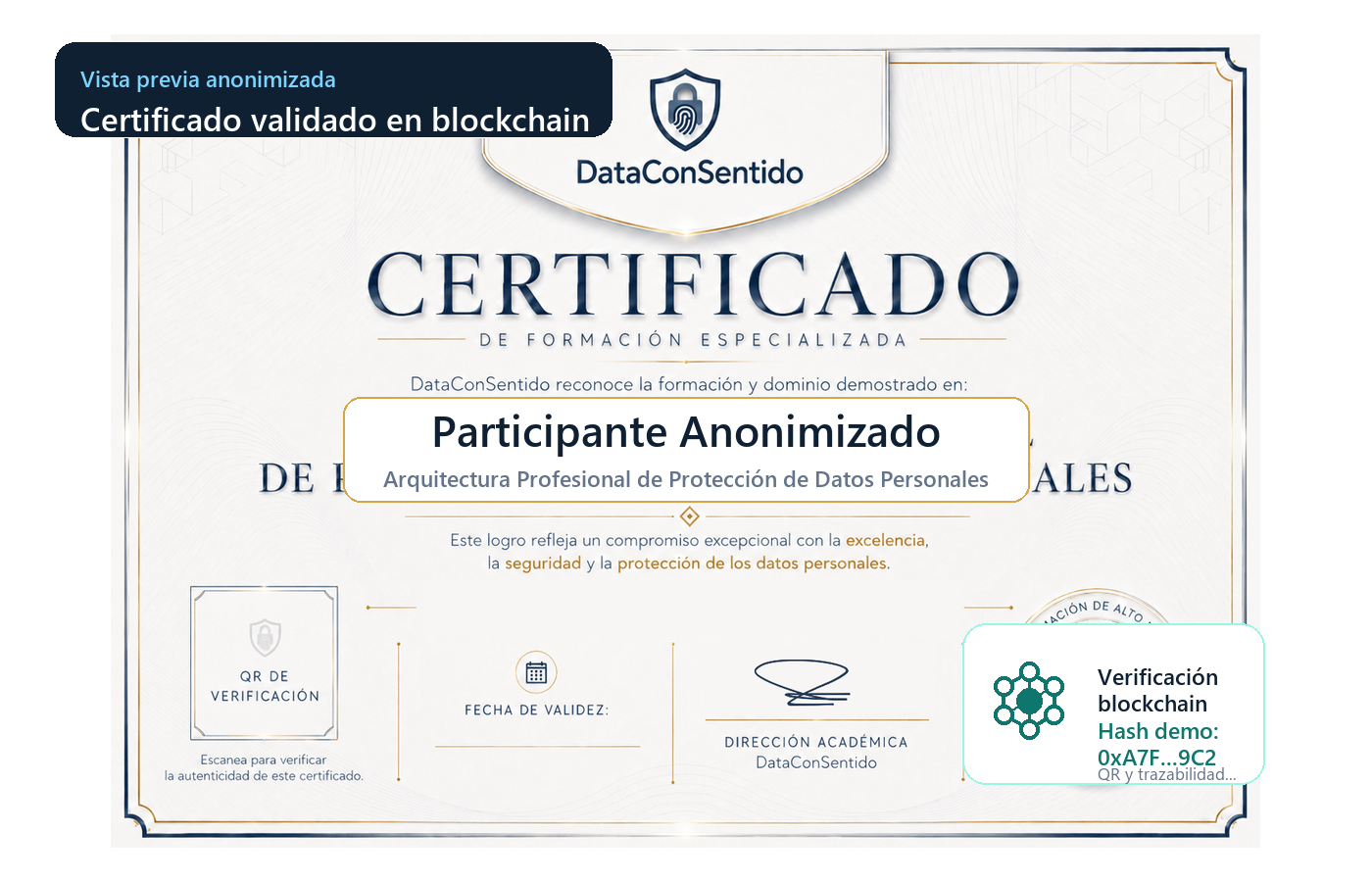 Vista previa anonimizada del certificado con verificación blockchain.